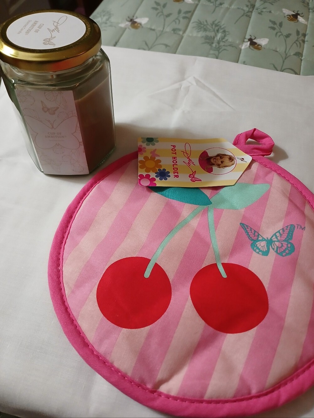 DG 2026 Dolly Parton Cherries Pot Holder & Cup Of Ambition Candle NEW